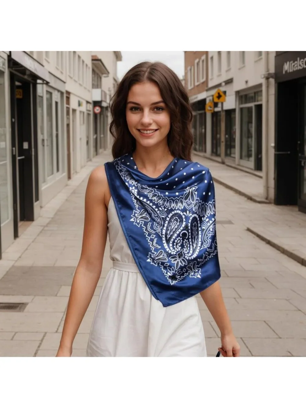 Women's Navy White Printed Square Scarf Bandanas Hair Scarf 35 Inches